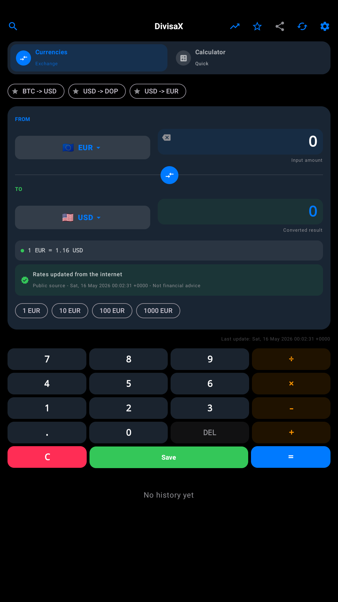 Pantalla de conversión de DivisaX