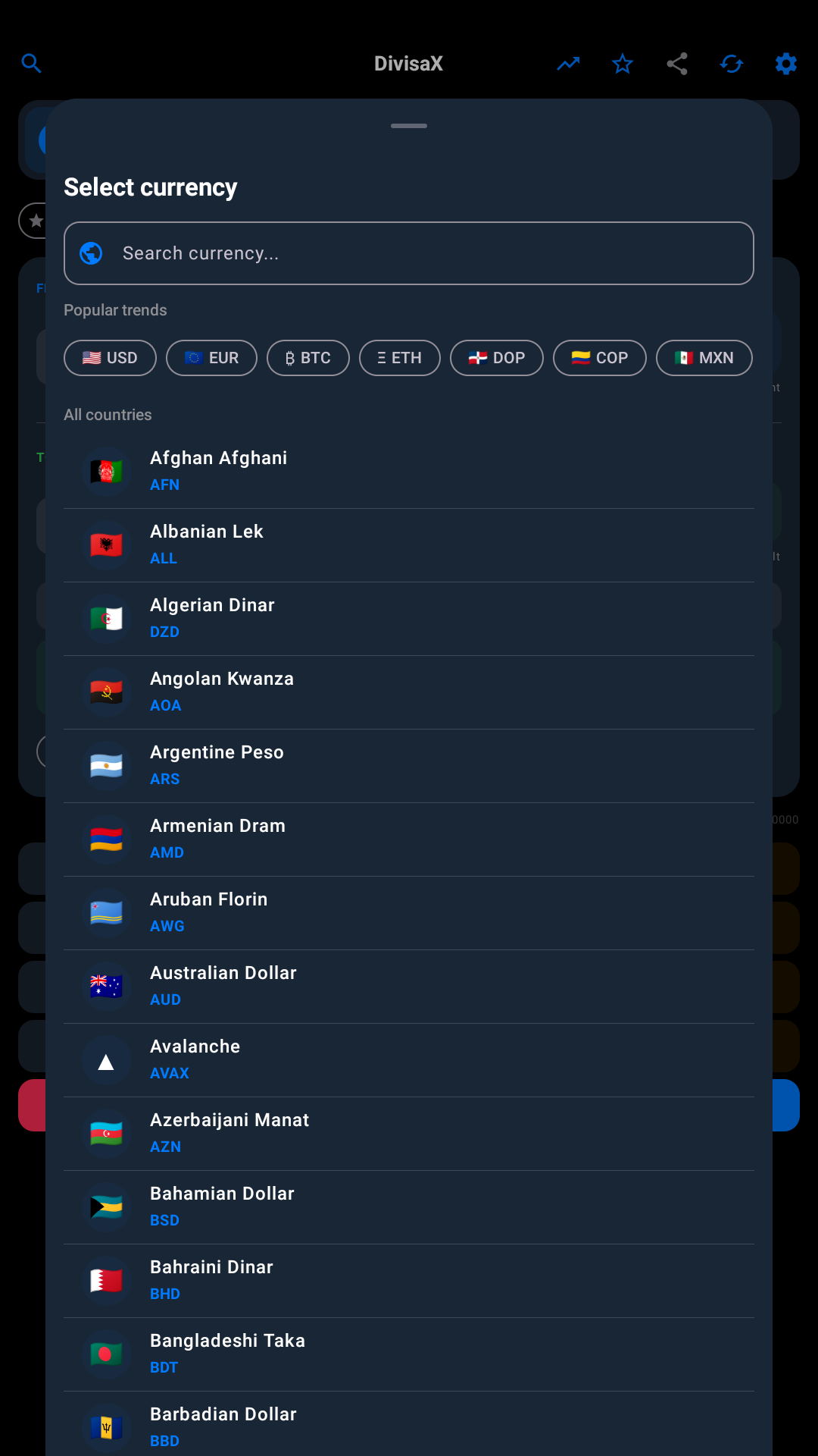 Lista de monedas dentro de DivisaX