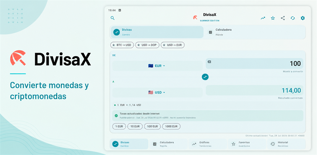 DivisaX Summer Edition 2026 mostrando el conversor de monedas y criptomonedas