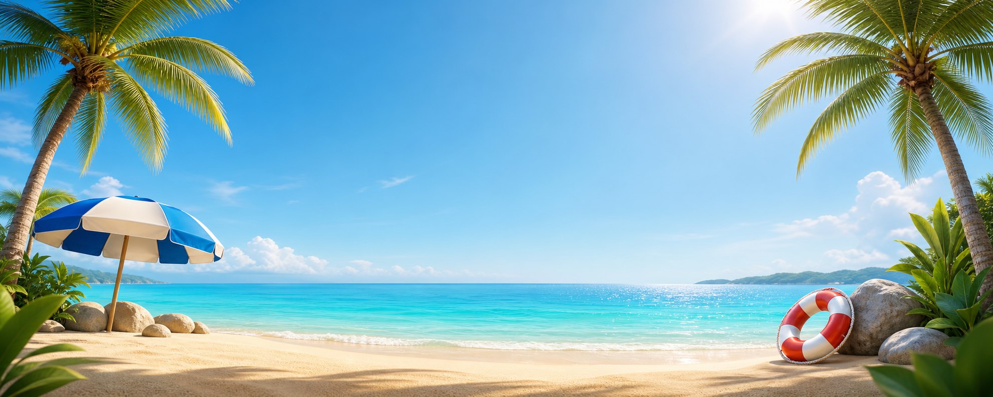 Playa tropical con palmeras, sombrilla y salvavidas